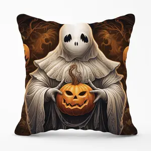 Spooky White Ghost Holding Pumpkin Cushions 60cm x 60cm