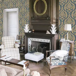 Galerie Palazzo Blue Silk Damask Embossed Wallpaper