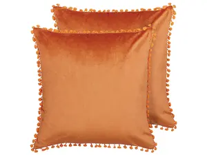 Set of 2 Cushions AERANGIS Velvet 45 x 45 cm Solid Orange