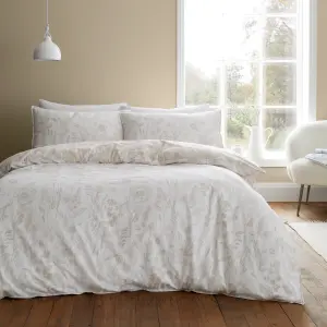 Bianca Brushed Cotton Floral Toile Reversible Duvet Cover Set with Pillowcase Natural