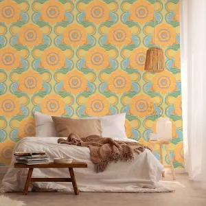 AS Creation 70's Retro Floral Chic Blue Green Wallpaper Textured Paste The Wall