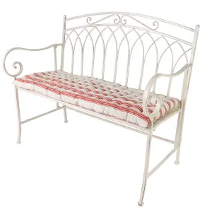 Vintage Cream Iron Arched Back Outdoor Garden Furniture Bench with Red Striped Bench Cushion