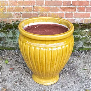 Primrose Rib Textured Glazed Terracotta Round Planter In Gloss Yellow 65cm