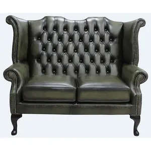 Chesterfield 2 Seater High Back Wing Sofa Antique Olive Leather In Queen Anne Style