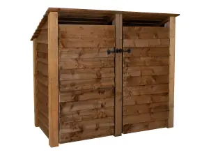 Wooden log store (roof sloping back) with door and kindling shelf W-146cm, H-126cm, D-88cm - brown finish