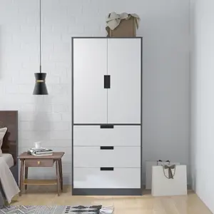 HOMCOM 2 Door Wardrobe Grey Wardrobe with 3 Drawer and Hanging Rod for Bedroom