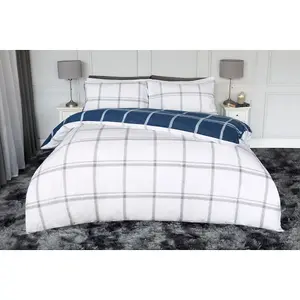 Belledorm Dalton Brushed Cotton Checked Duvet Cover Set Navy/White (Single)