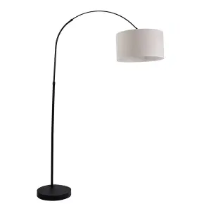 ValueLights Louis Black Metal Arched Floor Lamp with Linen White Trim Drum Shade and LED Bulb