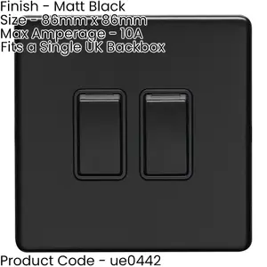 2 PACK 2 Gang Double Light Switch SCREWLESS MATT BLACK 2 Way 10A Slim Rocker