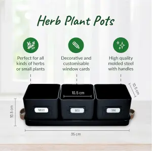 3-Pack Herb Pots for Kitchen Windowsill - Black Indoor Planter with Leather Tray & Labels, Perfect for Herbs & Small Plants