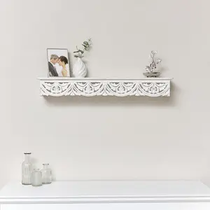 Melody Maison Large White Wooden Carved Boho Wall Shelf - 81cm