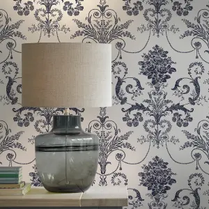 Laura Ashley Josette Midnight & off white Damask Smooth Wallpaper