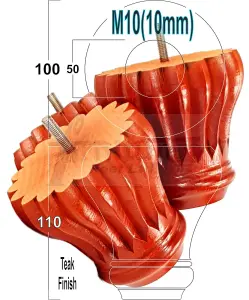 SET OF 4 REPLACEMENT FURNITURE BUN FEET TEAK TURNED WOODEN LEGS 110mm HIGH M10 (10mm)