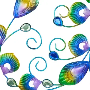 Peacock Wall Decor - Colourful Metal & Hand Painted Glass Indoor or Outdoor Home Garden Ornament Sculpture - 58 x 52 x 1cm