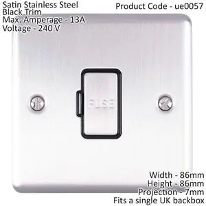 13A DP Unswitched Fuse Spur SATIN STEEL & Black Mains Isolation Wall Plate