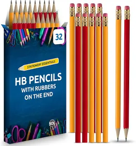 32pk HB Pencils With Rubbers On The End, HB Pencil Pack with Erasers, Writing Pencils for Children, Pencils for School Supplies