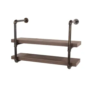 600mm double loft wall shelf kit, walnut effect with pipe design brackets