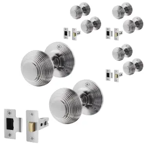 AFIT Beehive Door Knob Set Satin Chrome - 4 Pairs of Reeded Mortice Knobs (55mm) & Latch (76mm) for Internal Doors