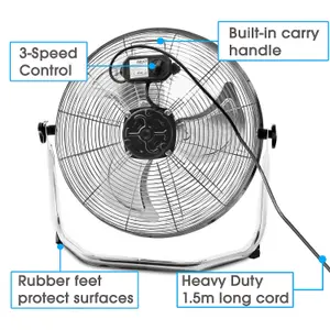 Futura Floor Fan 20 Inch Portable 110W Chrome Fan Adjustable 3 Speed Floor Standing Cooling Fan