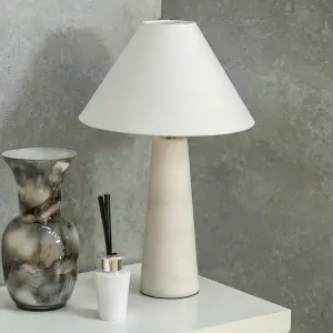 ValueLights Margot White Marble Bedside Table Lamp with a Linen Tapered Lampshade - Bulb Included