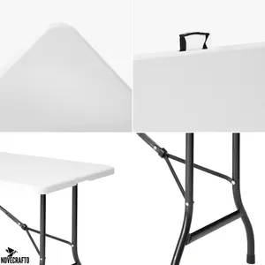 Folding Table White 180cm Surface - Sturdy Steel Frame Trestle Table, Powder Coated Foldable Table - Camping Table for 6 Person