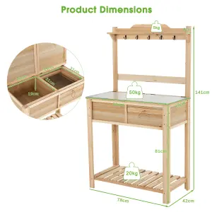 Costway Wooden Outdoor Planting Table Potting Bench W/ Flip-open Galvanized Metal Table