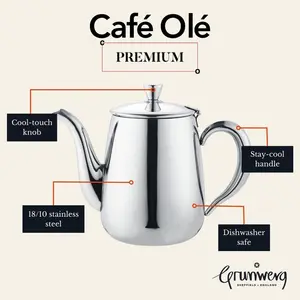 Café Olé Premium Coffee Pot, 18/10 Stainless Steel, Mirror Polished, 32Oz, Stay Cool Hollow Handles, Perfect Pour Spout