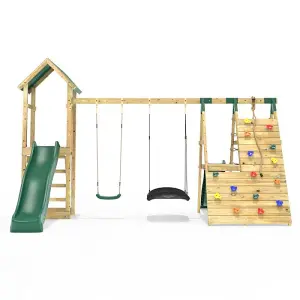 Rebo Wooden Climbing Frame with Swings, 6+8FT Slides & Climbing Wall - San Luis