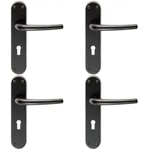 4 PACK - Rounded Sleek Latch & Lock Door Handle - Matt Black Lever on Backplate