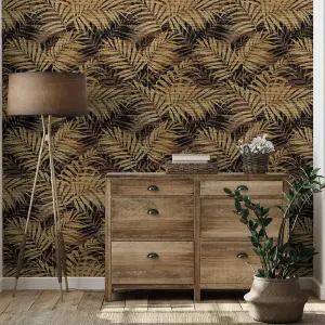 Textured Palm Gold/Chocolate Wallpaper