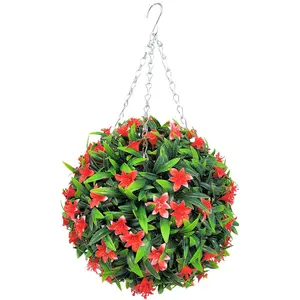 Best Artificial 28cm Red Lily Hanging Basket Flower Topiary Ball - Suitable for Outdoor Use - Weather & Fade Resistant