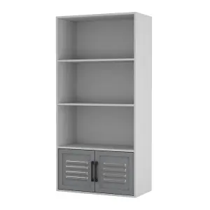 URBNLIVING 4 Tier White Wooden Bookcase Cupboard With Grey Metal Doors Storage Display Cabinet Unit