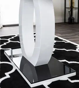 Giovani Rectangular 4 Seat White High Gloss Unique Halo Dining Table Black Glass Top 4 White Faux Leather Silver Leg Milan Chairs