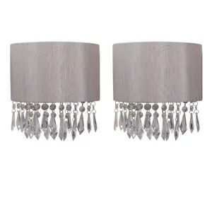 First Choice Lighting Set of 2 Jewelled Silver Grey Fabric Wall Lights With Clear Beaded Crystal Style Strings