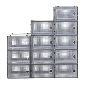 12 Pcs Grey Adjustable Stackable Plastic Shoe Storage Box Organiser 33cm (W) x 23cm (D) x 14cm (H)