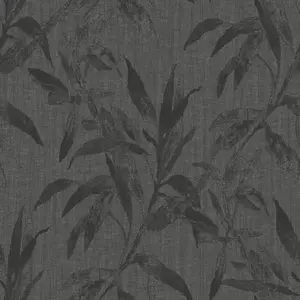 Galerie Passenger Grey Black Tropical Leaves Smooth Wallpaper