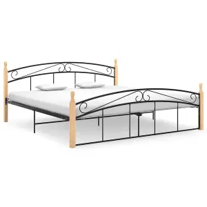 Berkfield Bed Frame Black Metal and Solid Oak Wood 180x200 cm 6FT Super King