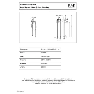 RAK Washington Polished Chrome Traditional Floor Standing Bath Shower Mixer Tap