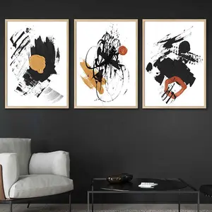 Set of 3 Black and Yellow Prints of Abstract Oil Paintings Wall Art Prints / 42x59cm (A2) / Oak Frame