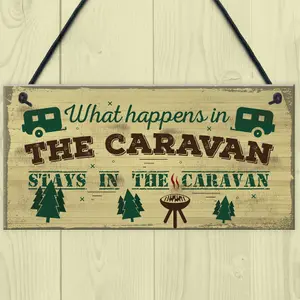 Red Ocean What Happens In The Caravan Campervan Novelty Shabby Chic Camping Holiday Door Sign Plaque