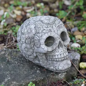 Floral Skull Stone Statue Outdoor Gothic Skeleton Garden Ornament Decoration