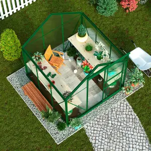 6x6ft Polycarbonate Greenhouse Large Walk-in Garden Growhouse,Sliding Door & Twin Wall Panels with Steel Base (Green)