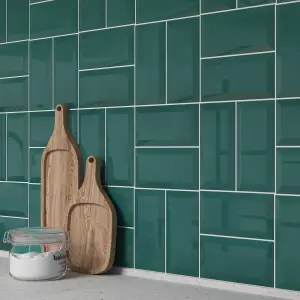 Trentie Dark Green Gloss Metro Ceramic Indoor Wall tile, Pack of 40, (L)200mm (W)100mm