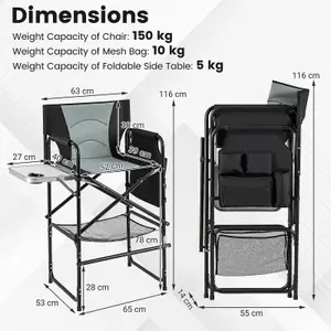 COSTWAY 116 cm Tall Directors Chair Folding Lawn Beach Camping Chair with Side Table