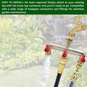 Brass 3-Way Garden Hose Tap Splitter with PTFE Tape  Durable three-quarts" Outdoor Tap Connector with Individual Valves