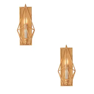 2 PACK Antique Gold & Silver Leaf Angular Framed Wall Light LED Filament Lamp