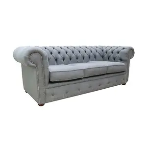 Chesterfield Handmade 3 Seater Bacio Smoke Grey Fabric Sofa In Classic Style