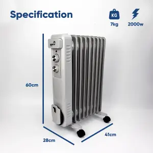 OIL Filled Radiator Heater 9 Fin Electric 2KW Free Standing Portable Oil Radiator with Thermostat Control - 3 Heater Settings