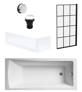 Square Single Ended Bath, Framed Black Screen, Panels, Chrome Waste - 1700x700mm