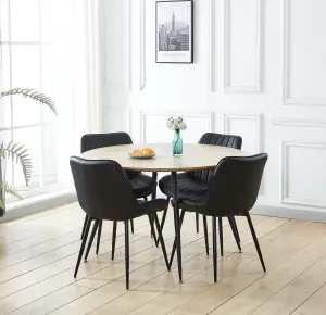 Hallowood Furniture Cullompton Large Round Dining Table with Light Oak Effect Top (120cm) with 4 Black Leather Chairs